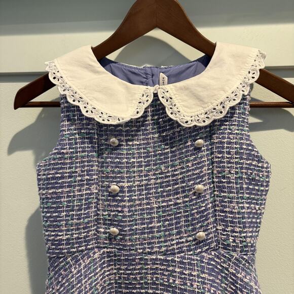 Janie and Jack Dress Girls 8 Blue Boucle Tweed Peter Pan Collar Sleeveless Lined - Picture 3 of 12